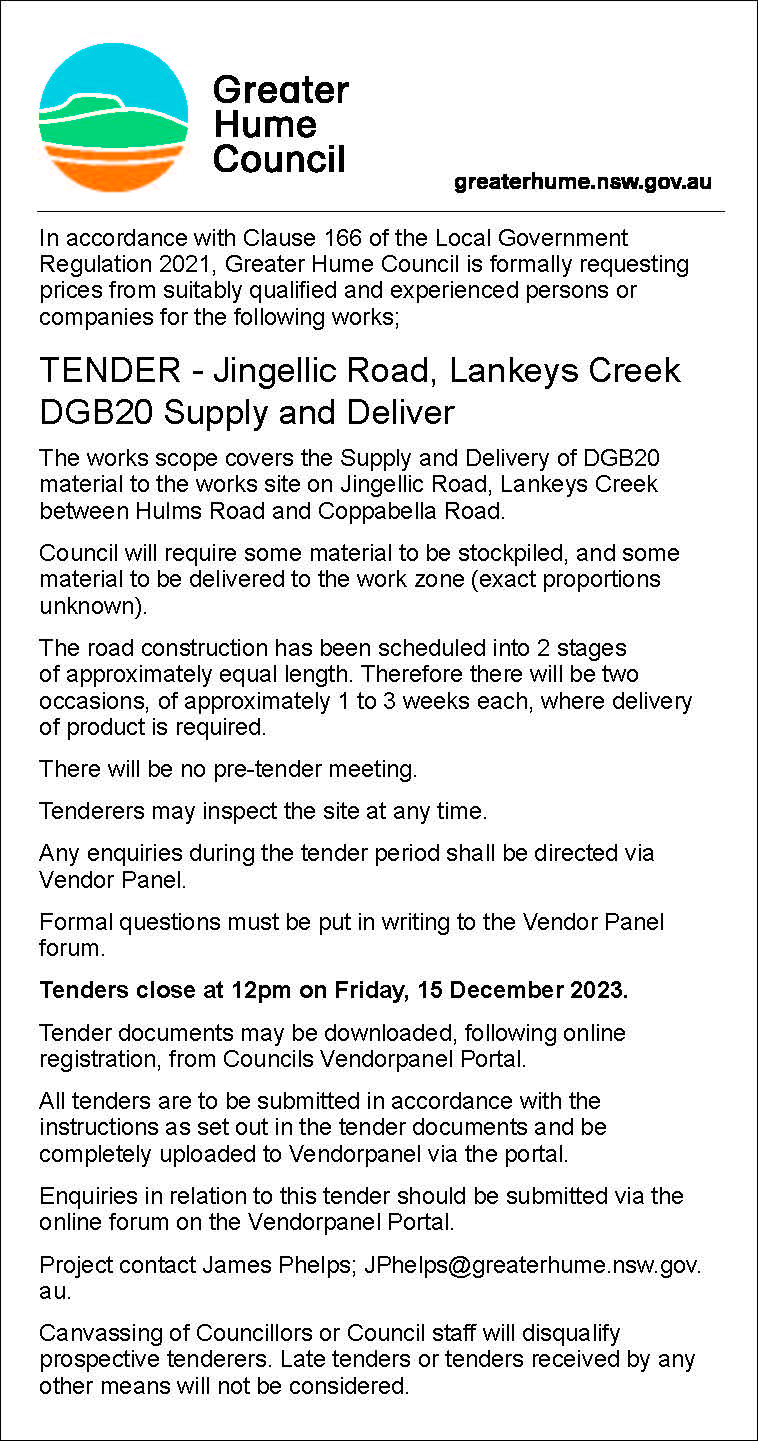 Tender - Jingellic Road, Lankeys Creek DGB20 Supply And Deliver Greater ...